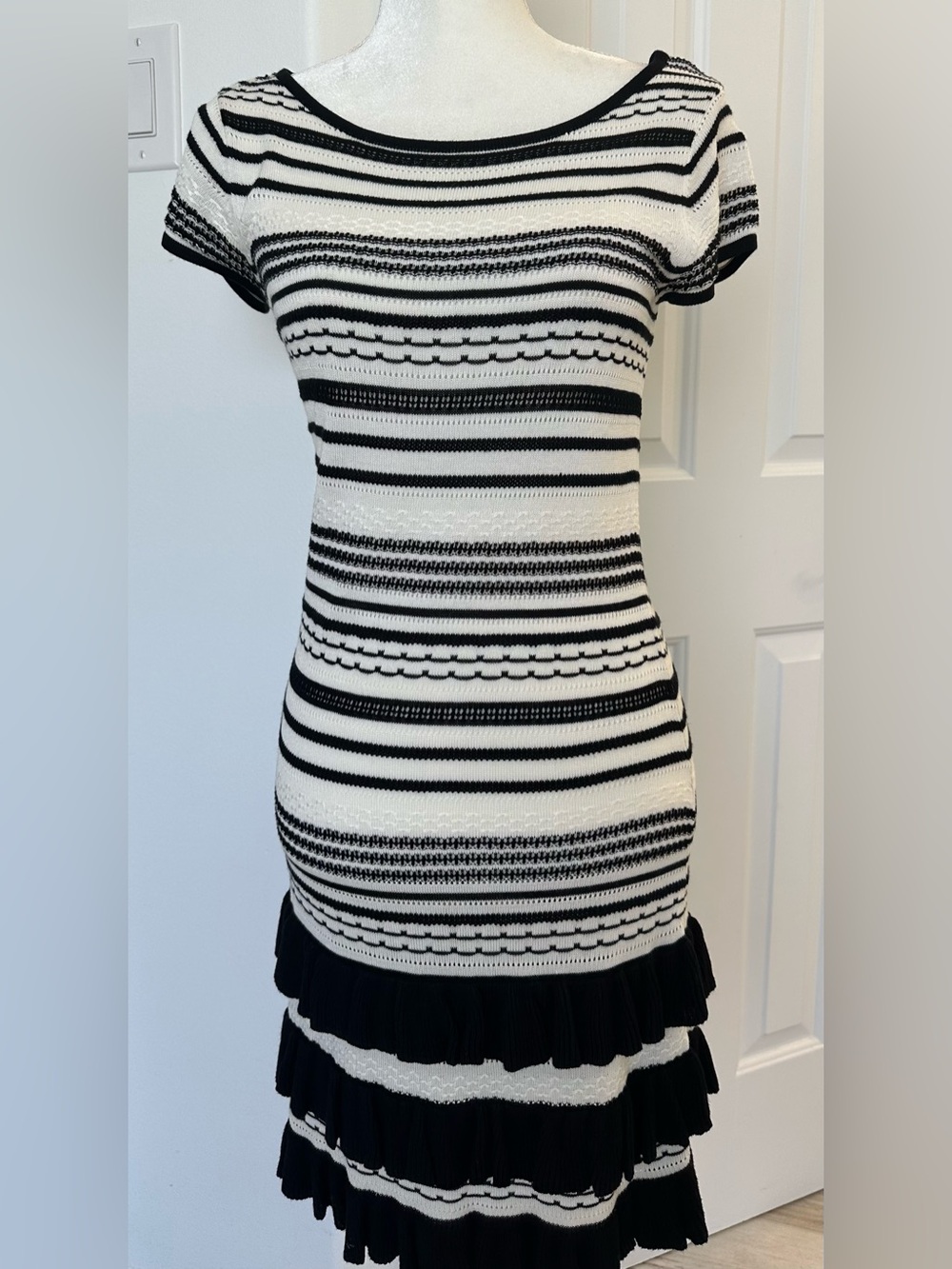 Max & Cleo Black & White Striped Knit Short-Sleeve Dress